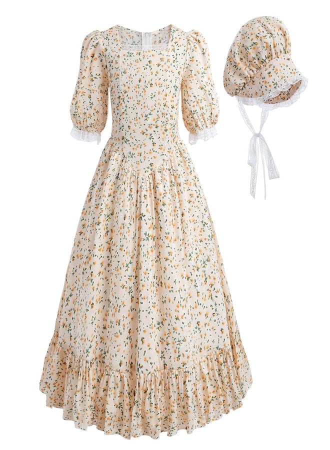 Nuoqi Prairie Dresses for Girls, Pioneer Girl Costume Girls Colonial Dress 4-5 Orange Pink - Image 1